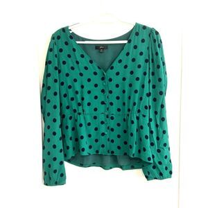 J. Crew Bright Green Polka Dot Peplum Blouse w/ Polka Dots EUC Sz 10 preppy